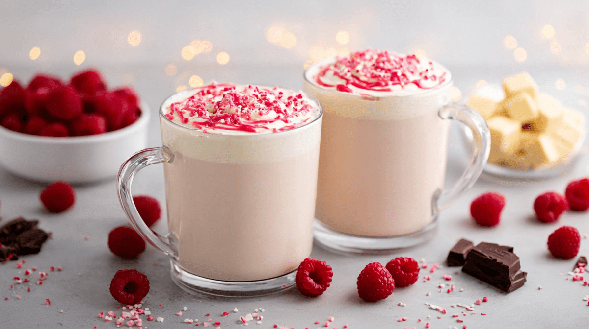 Zwei Gläser heiße weiße Schokolade mit Himbeeren. Frische Himbeeren und Schokolade liegen als Deko außen herum.