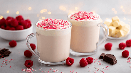 Zwei Gläser heiße weiße Schokolade mit Himbeeren. Frische Himbeeren und Schokolade liegen als Deko außen herum.