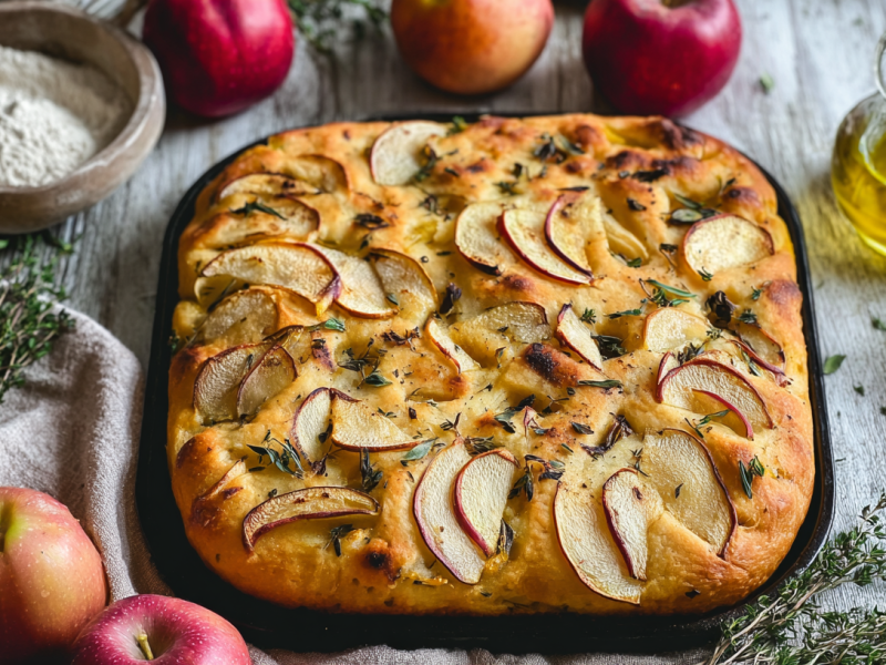 Herbst-Focaccia mit Apfel in einer Backform.