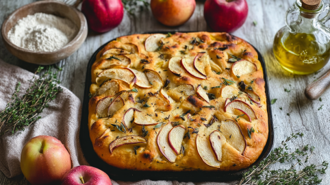 Herbst-Focaccia mit Apfel in einer Backform.