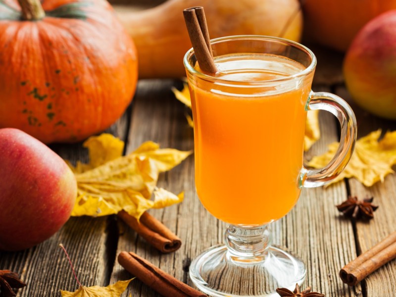 Ein oranges Herbst-Getränk mit einer Zimtstange darin. Drumherum liegen Äpfel, Kürbisse und bunte Blätter.