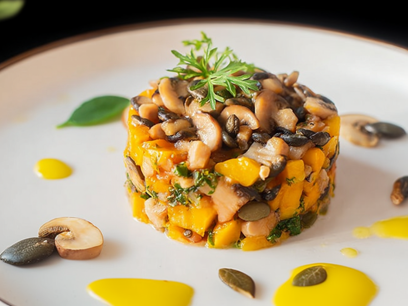 Ein Teller mit Herbst-Tatar mit Kürbis und Pilzen.