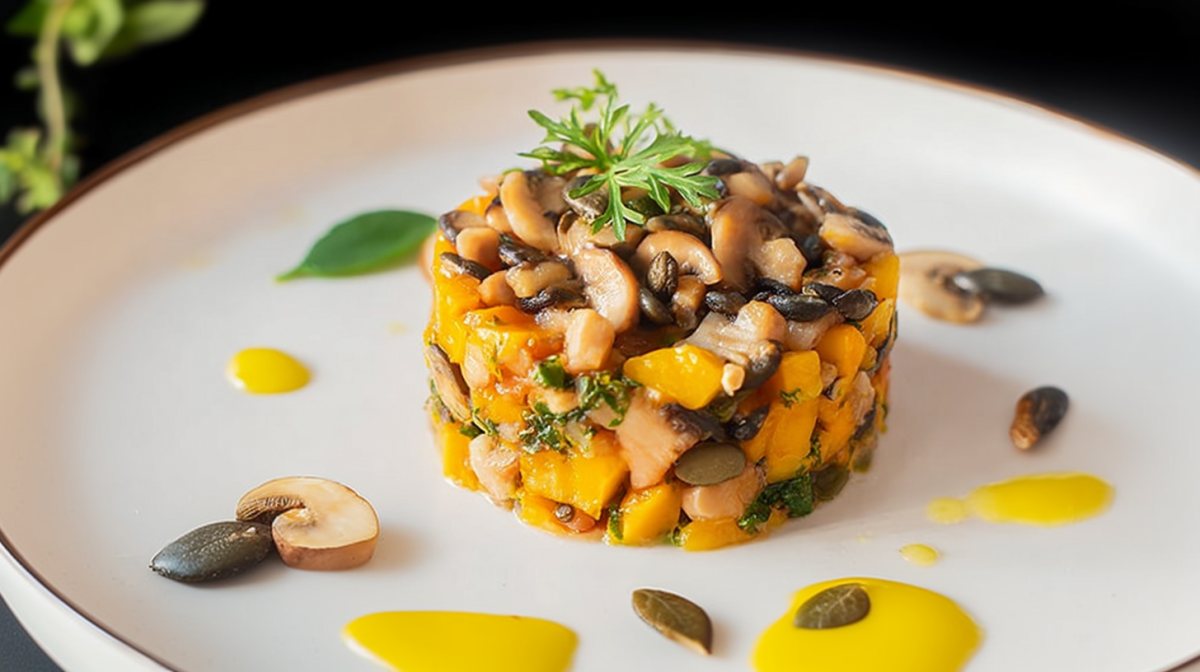 Ein Teller mit Herbst-Tatar mit Kürbis und Pilzen.