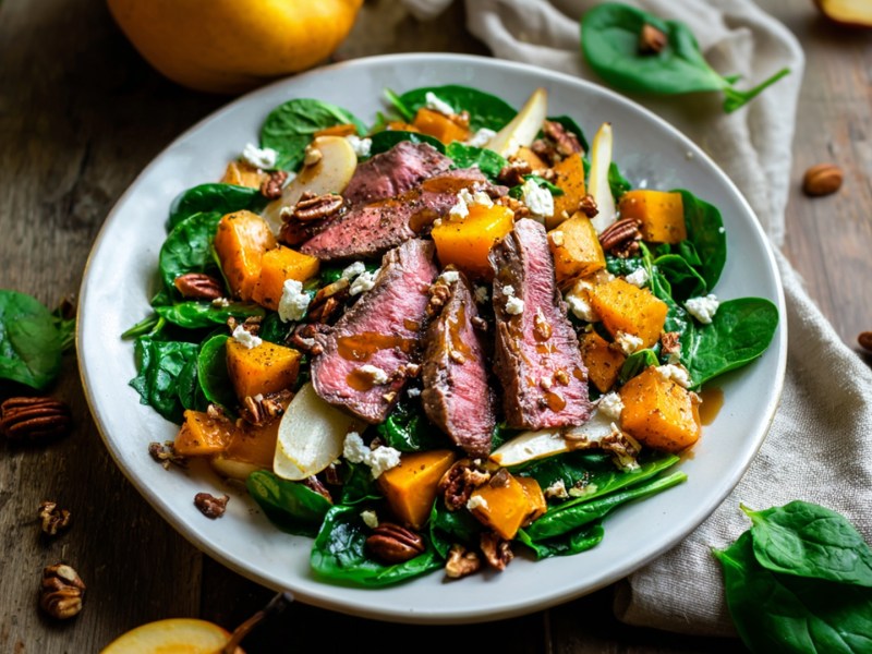 Ein Teller herbstlicher Steak-Salat. Ringsum liegen Spinat, Birnen und Nüsse verstreut.