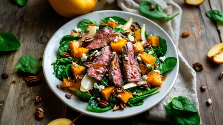 Ein Teller herbstlicher Steak-Salat. Ringsum liegen Spinat, Birnen und Nüsse verstreut.
