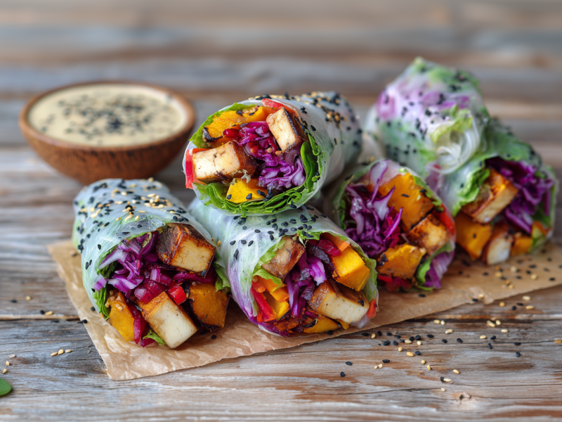 Fünf Herbstrollen liegen auf einem kleinen Stück Backpapier auf einem Holztisch. im Hintergrund sieht man einen Dip.