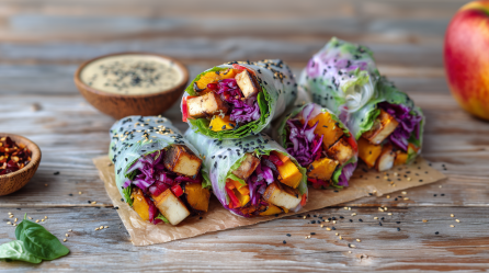Fünf Herbstrollen liegen auf einem kleinen Stück Backpapier auf einem Holztisch. im Hintergrund sieht man einen Dip.