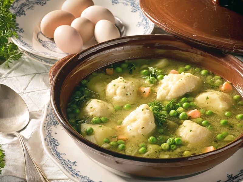 Eine Holsteiner Erbsensuppe in einem Suppenopf.