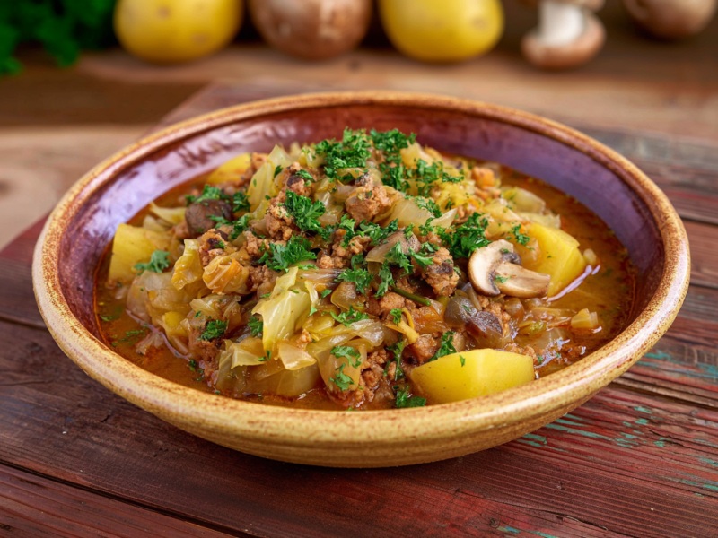 Jägertopf in einer rustikalen, braunen Keramikschüssel. Im Hintergrund sieht man von links nach rechts Petersilie, Kartoffeln, und Pilze. Die Schüssel steht auf einem Holztisch.