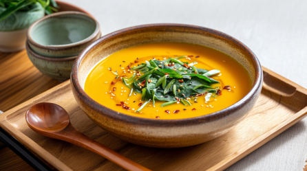 Eine japanische Kürbissuppe in einer Keramikschale auf einem Holzbrett. Im Hintergrund sieht man noch 2 leere Schalen und eine Schale mit Spinat.