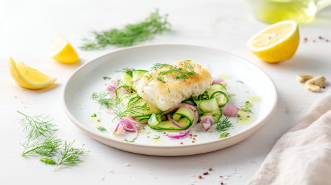 Kabeljau mit Gurkensalat auf einem flachen Teller. Um das Gericht verteilt liegt etwas frischer Dill, Zitronenstücke und ein beiges Küchentuch.