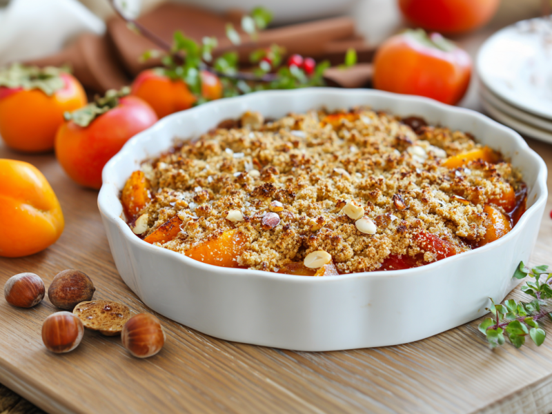 Ein Kaki-Pflaumen-Crumble in einer runden, weißen Auflaufform. Links daneben liegen einige Haselnüsse. Der Hintergrund ist voller Kakis. Rechts im Bild ist sind ein paar Zweige zur Deko zu sehen.
