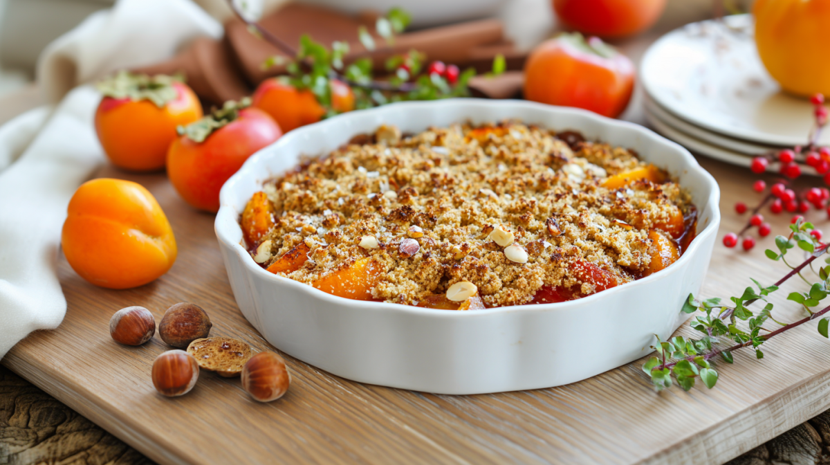 Ein Kaki-Pflaumen-Crumble in einer runden, weißen Auflaufform. Links daneben liegen einige Haselnüsse. Der Hintergrund ist voller Kakis. Rechts im Bild ist sind ein paar Zweige zur Deko zu sehen.