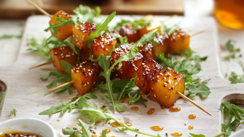 Drei karamellisierte Steckrübenspieße auf einem Holzbrett. Sie glänzen und sind mit Sesamkörnern bestreut. Dazu sind sie mit Rucola garniert.
