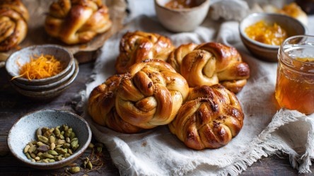 Einige Kardamom-Orangen-Knoten, die auf einer hellen, rustikalen lose drapierten Tischdecke liegen. Ringsum stehen verschiedene kleine Schalen, die mit grünen Kardamomkapseln, Orangenabrieb und einer Marmelade gefüllt sind. Außerdem steht auch noch ein Glas mit Marmelade im Bild.