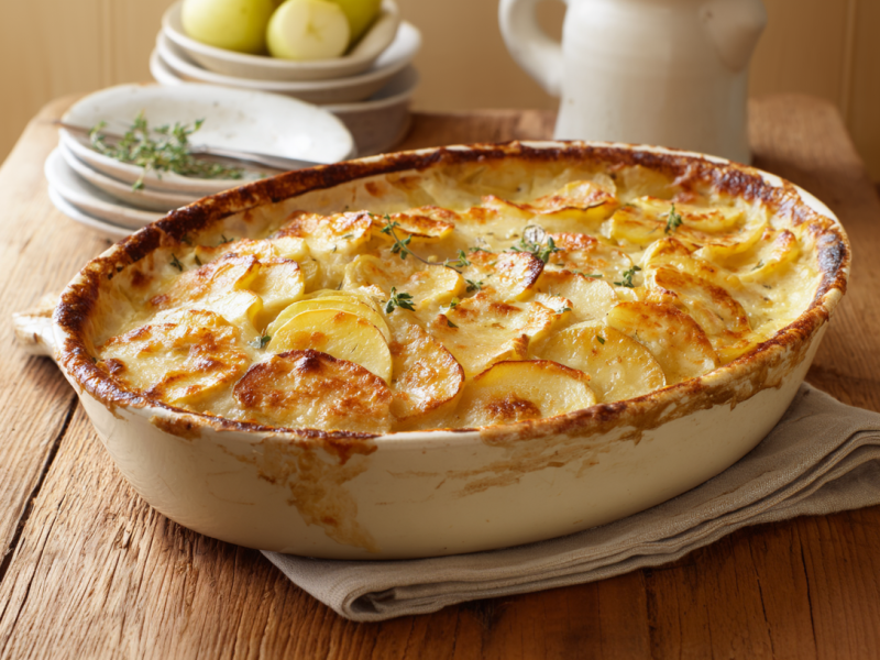 Ein Kartoffel-Apfelauflauf auf einem grauen Tuch auf einem Holztisch. Im Hintergrund steht einiges an Besteck sowie eine Keramikaraffe.