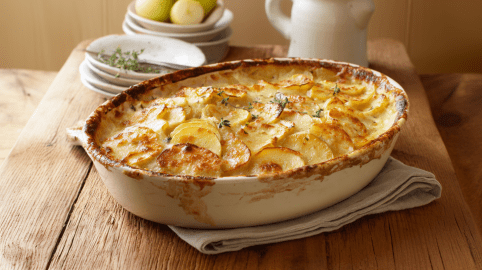 Ein Kartoffel-Apfelauflauf auf einem grauen Tuch auf einem Holztisch. Im Hintergrund steht einiges an Besteck sowie eine Keramikaraffe.