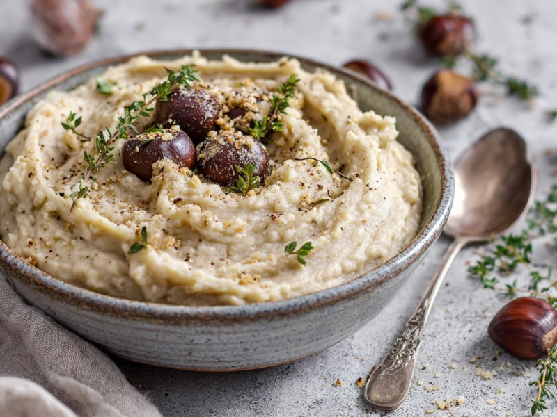 Eine große Schüssel mit Kartoffel-Maronen-Püree, das mit frischen Maronen und frischem Thymian garniert ist. Ringsum liegen ein alter Löffel, frischer Thymian, frische Maronen und ein Stofftuch als Deko drapiert.