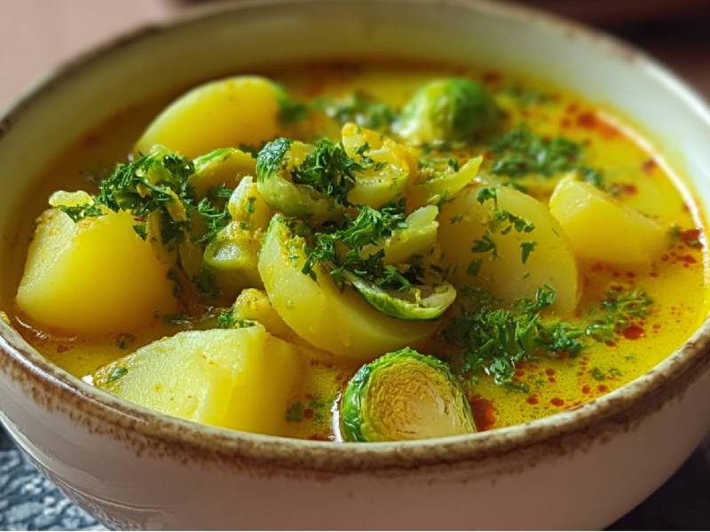 Eine Schüssel mit Kartoffel-Rosekohl-Eintopf mit Curry