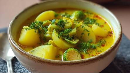 Eine Schüssel mit Kartoffel-Rosekohl-Eintopf mit Curry