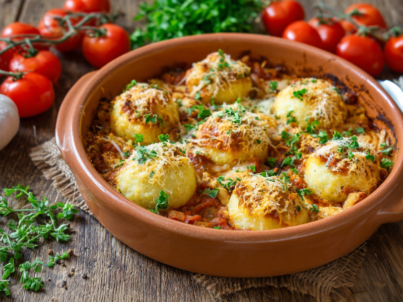 Knödelauflauf mit Linsenbolognese in einer runden Auflaufform. Um die Form verteilt liegen frische Kräuter, Tomaten und Knoblauchknollen.