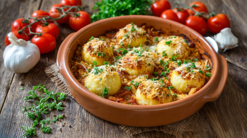 Knödelauflauf mit Linsenbolognese in einer runden Auflaufform. Um die Form verteilt liegen frische Kräuter, Tomaten und Knoblauchknollen.