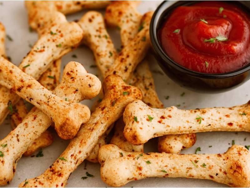 Knochen-Brotsticks mit Chili-Ketchup auf einem Teller, Schälchen Ketchup daneben