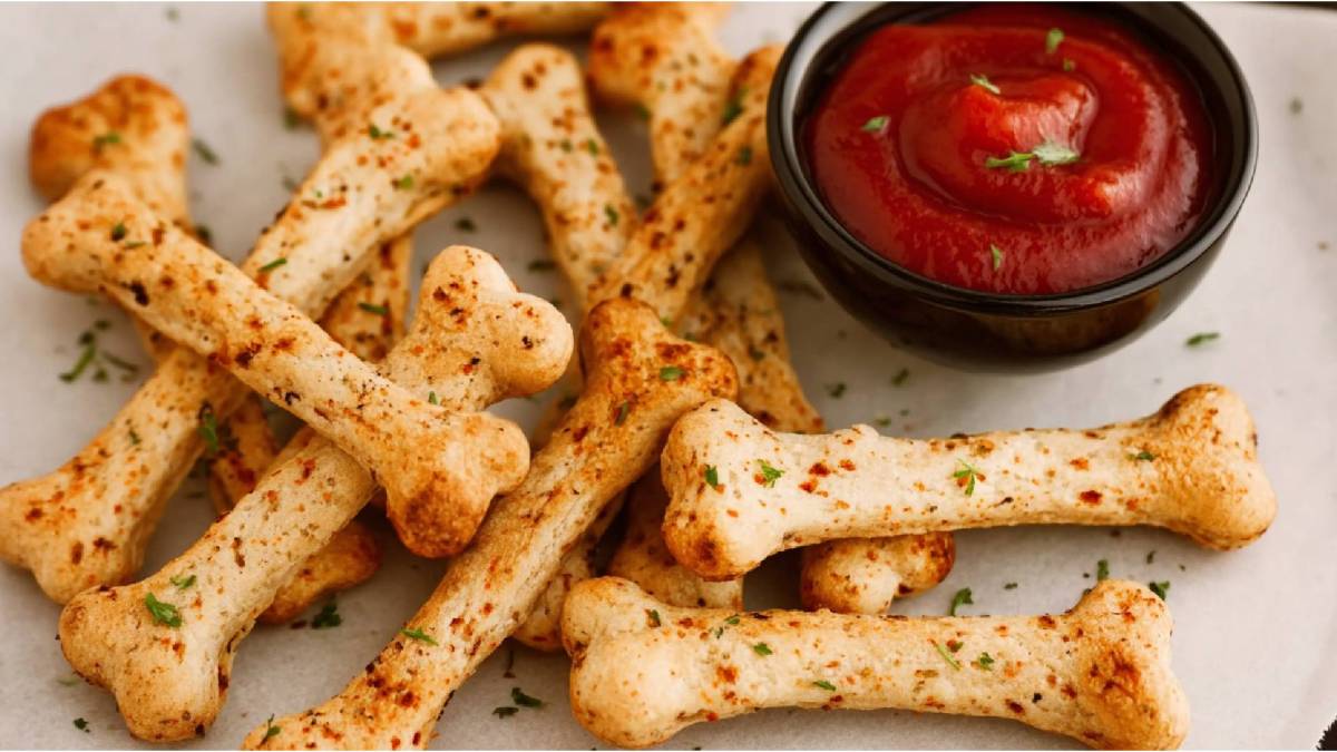 Knochen-Brotsticks mit Chili-Ketchup auf einem Teller, Schälchen Ketchup daneben
