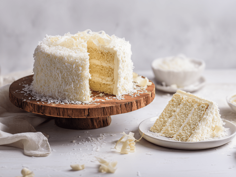Ein Kokoskuchen mit weißer Schokolade auf einem Kuchenständer aus Holz. Davor liegt ein herausgeschnittenes Stück, welches den Blick auf die cremige Füllung und die Teigschichten freigibt.