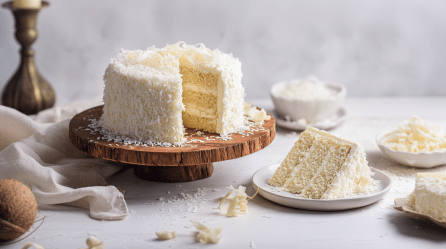 Ein Kokoskuchen mit weißer Schokolade auf einem Kuchenständer aus Holz. Davor liegt ein herausgeschnittenes Stück, welches den Blick auf die cremige Füllung und die Teigschichten freigibt.