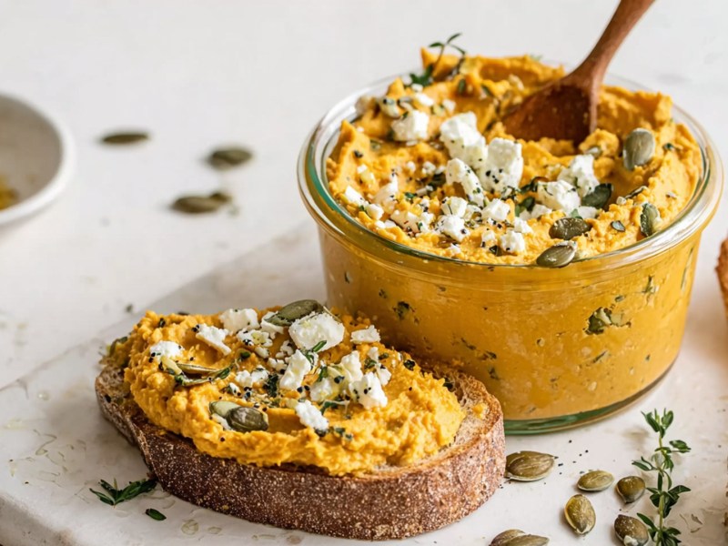 Eine Glasschale mit Kürbis-Feta-Aufstrich. Daneben liegt eine Scheibe, die mit dem Aufstrich bestrichen ist. Ringsum liegen frische Kräuter und geröstete Kürbiskerne herum.