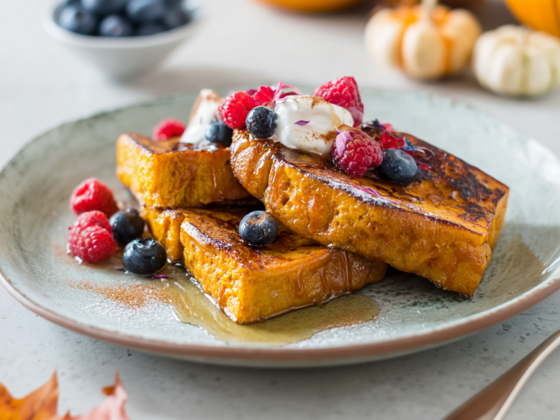 Drei Scheiben Kürbis-French-Toast liegen auf einem rustikalen Keramikteller. Sie sind mit Ahornsirup übergossen und mit Beeren und einem Klecks Joghurt garniert. Im Hintergrund sieht man ein paar Kürbisse, vor und neben dem Teller liegen zwei Blätter.