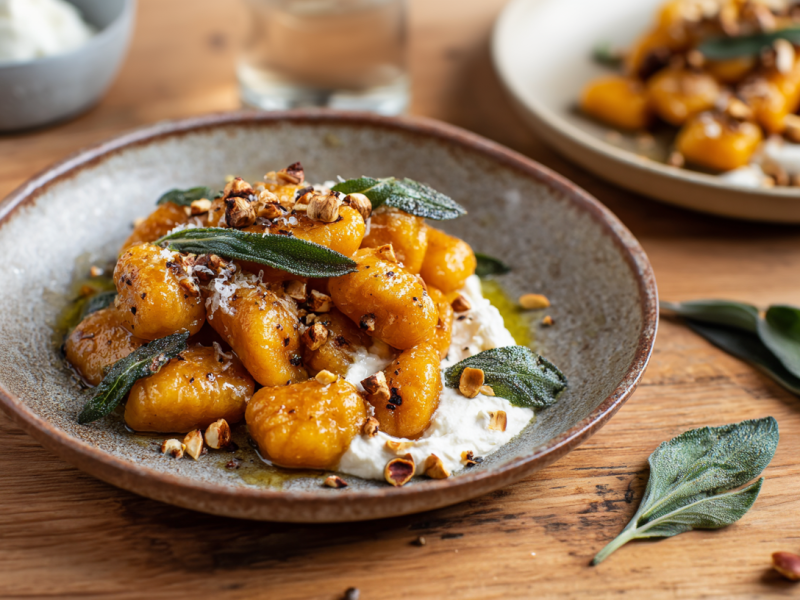 Kürbis-Gnocchi auf einem grauen Porzellanteller. Sie sind mit Salbeiblättern serviert. Zwei Salbeiblätter liegen rechts daneben.