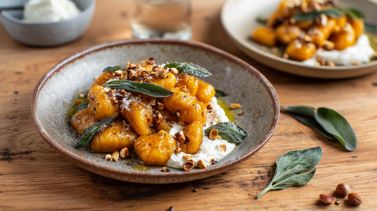 Kürbis-Gnocchi auf einem grauen Porzellanteller. Sie sind mit Salbeiblättern serviert. Zwei Salbeiblätter liegen rechts daneben.