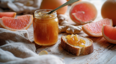 Ein Glas Kürbis-Grapefruit-Marmelade. Daneben liegt ein Brot mit der Marmelade bestrichen. Drumherum liegen Grapefruits und ein Stück Ingwer.