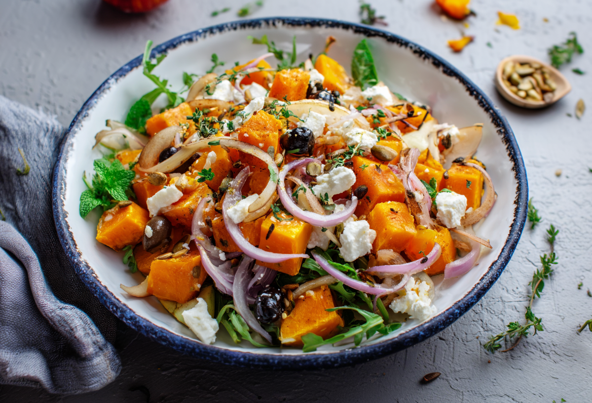 Ein Teller mit Kürbis-Hüttenkäsesalat auf grauem Untergrund. Links neben dem Teller liegt ein Tuch. Drumherum sind einige Frische Kräuter verteilt.