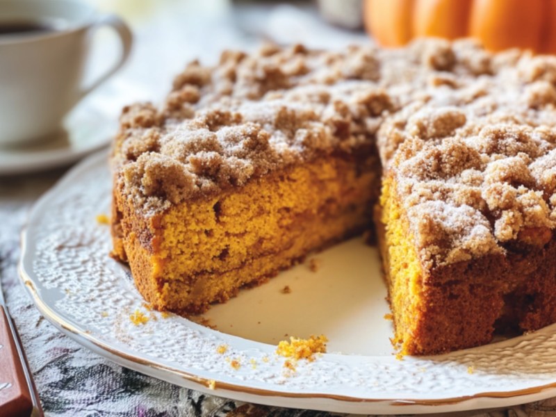 Ein angeschnittener Kürbis-Kaffeekuchen mit Zimtstreuseln. Im Hintergrund sind eine Tasse Kaffee und ein Kürbis zu sehen.