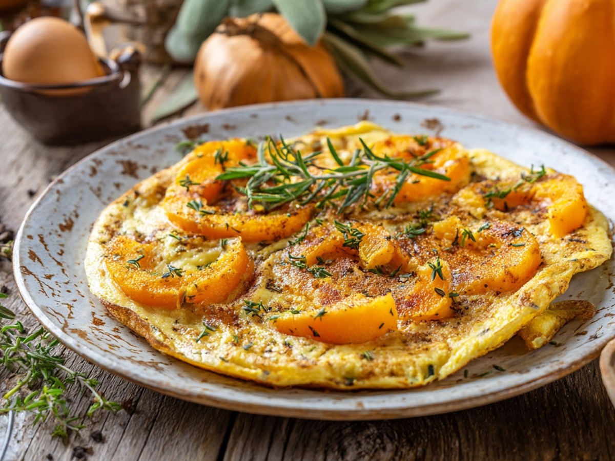 Ein Kürbis-Omelett, dass auf einem Teller liegt. Ringsum sind Kürbisse am Bildrand zu erahnen, es steht ein Schale mit Pfefferkörnern herum und man kann frische Kräuter sowie Zwiebeln herum liegen sehen.