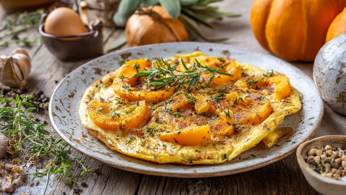 Ein Kürbis-Omelett, dass auf einem Teller liegt. Ringsum sind Kürbisse am Bildrand zu erahnen, es steht ein Schale mit Pfefferkörnern herum und man kann frische Kräuter sowie Zwiebeln herum liegen sehen.