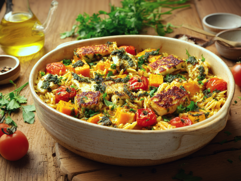 Eine Auflaufform mit Kürbis-Orzo-Auflauf mit Halloumi. Außen herum liegen frische Zutaten wie Tomaten, Kräuter und Knoblauch.