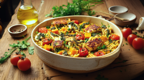 Eine Auflaufform mit Kürbis-Orzo-Auflauf mit Halloumi. Außen herum liegen frische Zutaten wie Tomaten, Kräuter und Knoblauch.