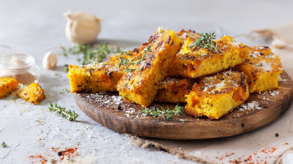 Ein rundes Holzbrett mit einigen Kürbis-Polenta-Schnitten, die aufeinander gestapelt sind. Sie sind mit geriebenem Parmesan und frischem Thymian garniert. Ringsum um und im Hintergrund kann man ein paar Kürbisstücke, eine Knoblauchknolle sowie frische Kräuter und Gewürze verstreut liegen sehen.