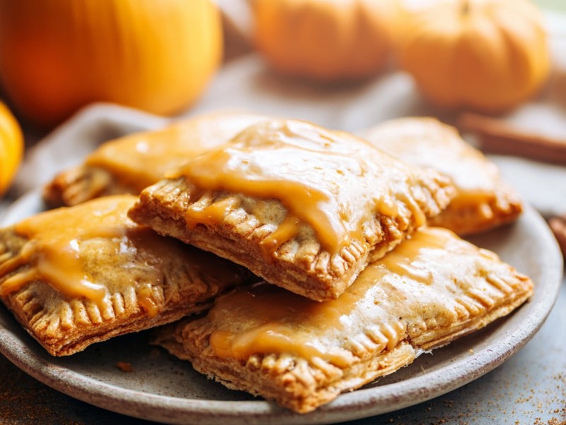 Ein Teller mit einem Stapel Kürbis-Pop-Tarts. Ringsum liegen einige Deko-Kürbisse und ein paar Zimtstangen verteilt.