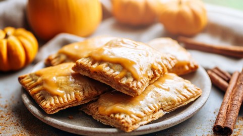 Ein Teller mit einem Stapel Kürbis-Pop-Tarts. Ringsum liegen einige Deko-Kürbisse und ein paar Zimtstangen verteilt.