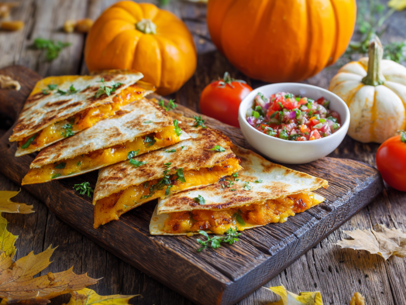 Vier Kürbis-Quesadillas liegen auf einem dunklen Holzbrett. Direkt daneben steht eine Schale mit Salsa. Das Brett ist herbstlich dekoriert. Im Hintergrund liegen mehrere Kürbisse, im Vordergrund etwas herbstliches Laub.