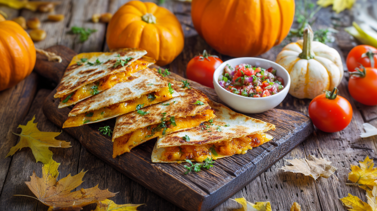 Vier Kürbis-Quesadillas liegen auf einem dunklen Holzbrett. Direkt daneben steht eine Schale mit Salsa. Das Brett ist herbstlich dekoriert. Im Hintergrund liegen mehrere Kürbisse, im Vordergrund etwas herbstliches Laub.