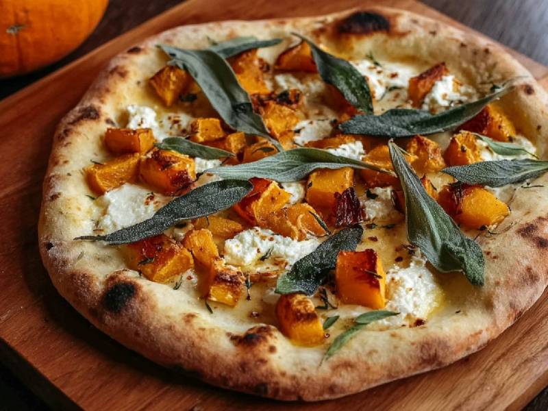 Eine Kürbis-Ricotta-Pizza auf einem Holtbrett