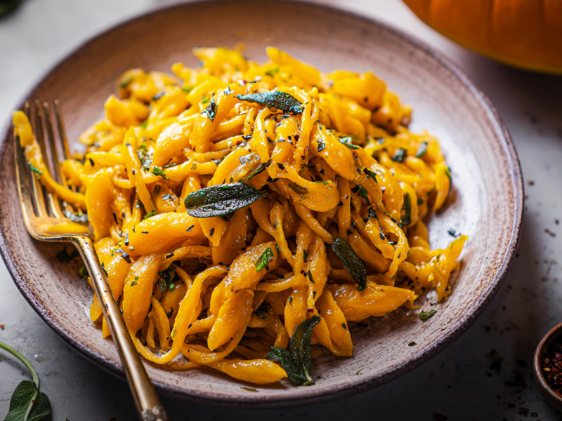 Ein Teller mit Kürbis-Scherennudeln mit Salbei und Chili. Auf dem Teller liegt eine Gabel. Daneben steht ein kleines Schälchen mit Chiliflocken.