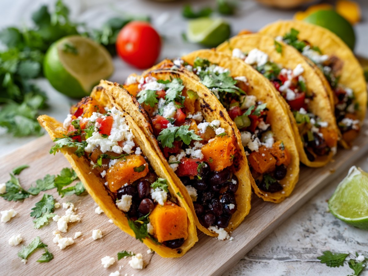 Einige Kürbis-Tacos, die auf einem Holzbrett nebeneinander angerichtet sind. Im Hintergrund kann man frischen Koriander, Limettenstücke und Kürbiswürfel erkennen.