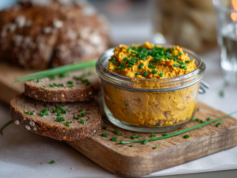 Ein Glas mit Kürbis-Tofu-Aufstrich auf einem Holzbrett. Der Aufstrich ist mit Schnittlauch bestreut. Direkt hinter dem Glas liegen zwei Scheiben Brot. Weiter dahinter liegt ein Laib Brot. Rechts im Bild steht ein Wasserglas.